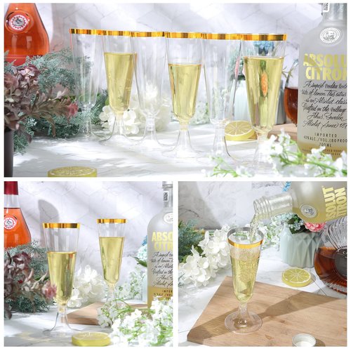 150 Pcs Gold Plastic Champagne Flutes - Clear Disposable Crystal Wine Glasses for Wedding Toasting, Party Cocktail Cups