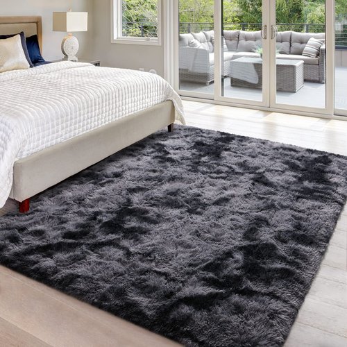 Hutha 6x9 Large Area Rugs for Living Room, Super Soft Fluffy Modern Bedroom Rug, Tie-Dyed Dark Grey Indoor Shag Fuzzy Carpets for Girls Kids Nursery Room Home Decor