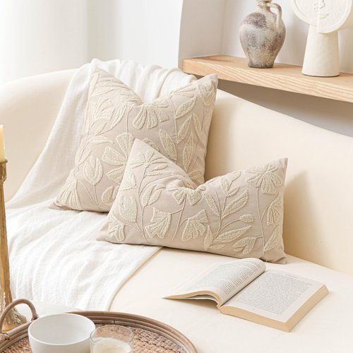 BlissBlush 12x20 Lumbar Pillow Cover, Rectangular Neutral Beige Decorative Throw Pillowcase for Couch Sofa, Embroidered Velvet Farmhouse Accent Cushion (Cover Only)
