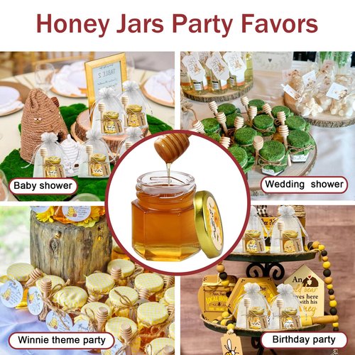 Aliggbent 96 Pack Mini Honey Jars Party Favors in Bulk, 1.5 oz Small Hexagon Glass Honey Jars with Dippers, Lids, Cute Stickers, Bee Charms, Gift Bags and Jute for Baby Showers, Weddings & Birthdays