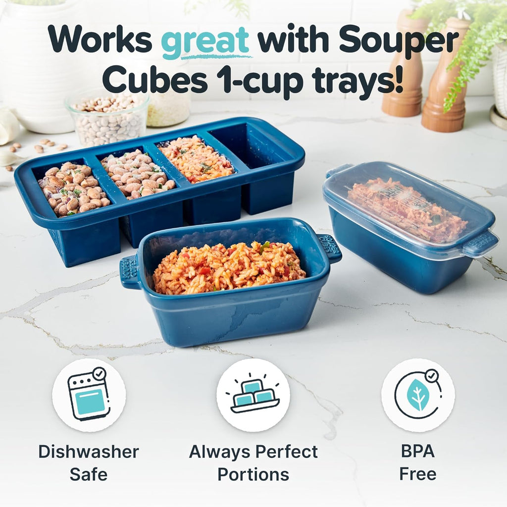 Souper Cubes Stoneware - Small 5" x 3" Ceramic Baking Dish Set of 4 with Silicone Covers | Blueberry Color, Ideal for Reheating