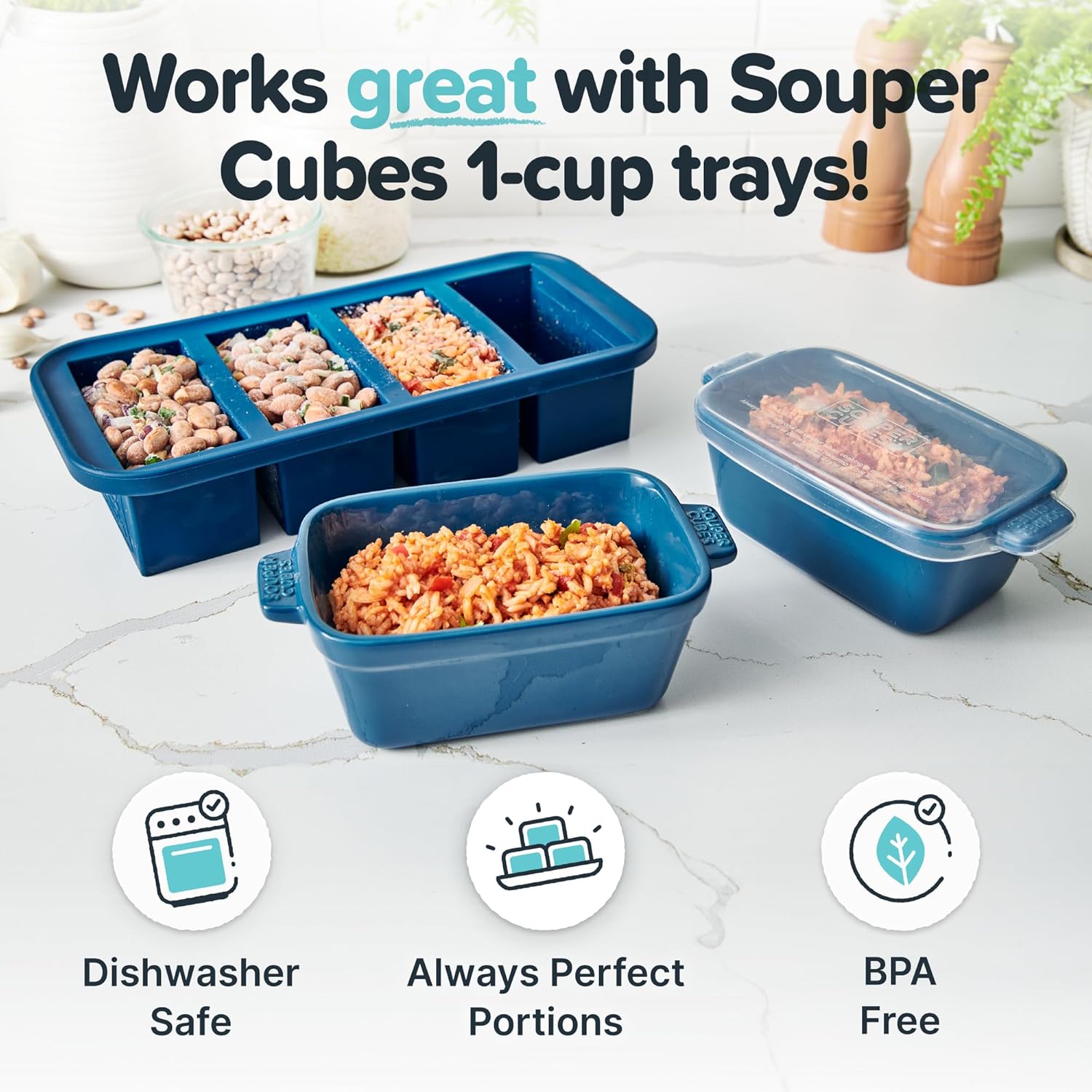 Souper Cubes Stoneware - Small 5" x 3" Ceramic Baking Dish Set of 4 with Silicone Covers | Blueberry Color, Ideal for Reheating