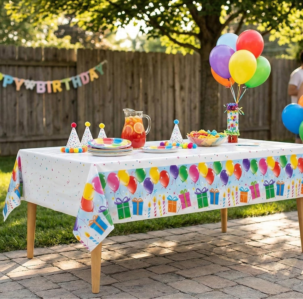 Party Dimensions Table Cover - Disposable Plastic Tablecloth with Balloons & Candles Design | 54" x 96", 12-Pack