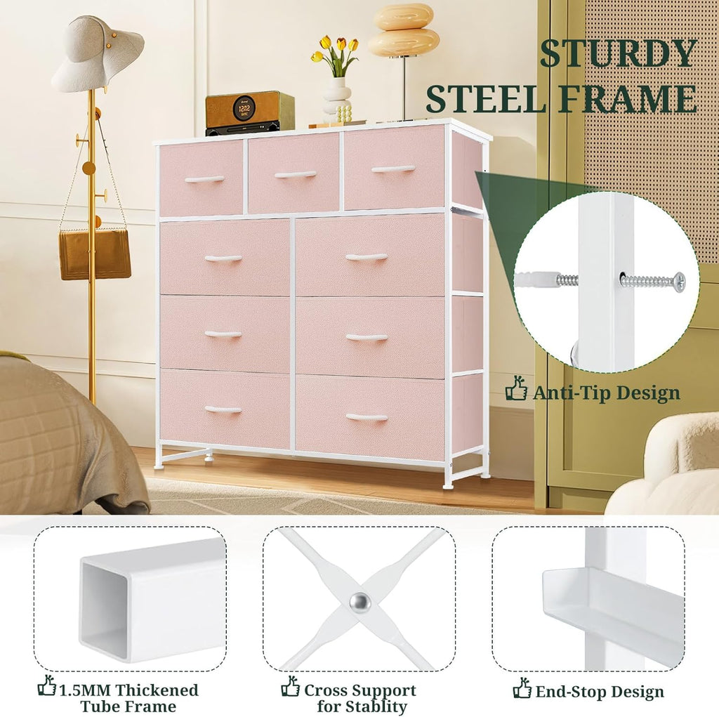 Regine Switzerland 9-Drawer Dresser - Anti-Tip Tall Storage Organizer with Wooden Top & Metal Frame - Pink