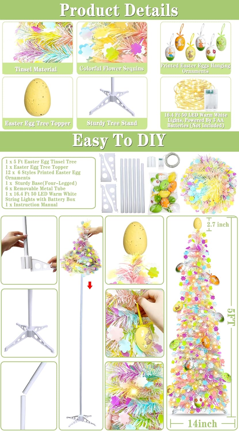 Skiennix 5Ft Lighted Easter Tree - 50 LED Warm White Lights & Colorful Eggs | Battery Operated, Collapsible Design for Home & Party Decor