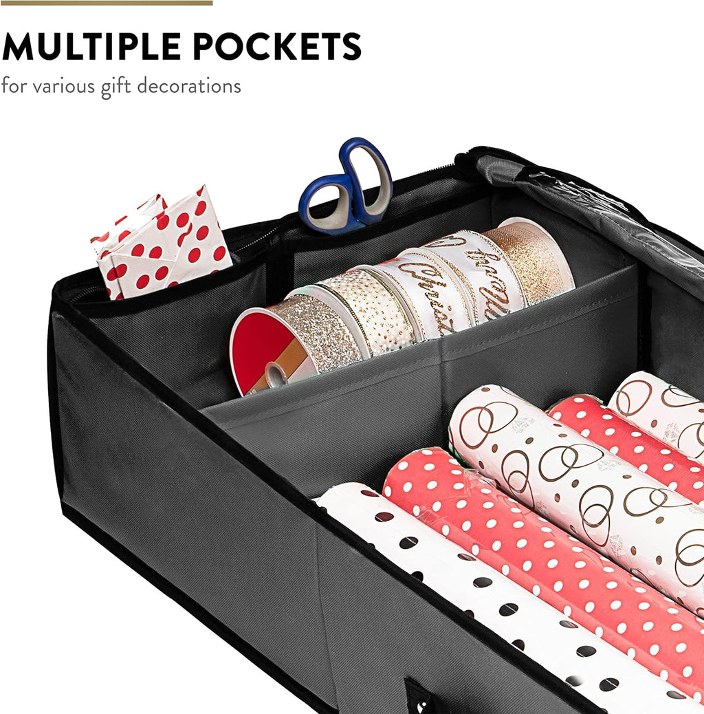 ZOBER Gift Wrapping Paper Organizer - 40" Storage for 24 Rolls with Pockets for Bows & Ribbons | Gray/Black 600D Oxford