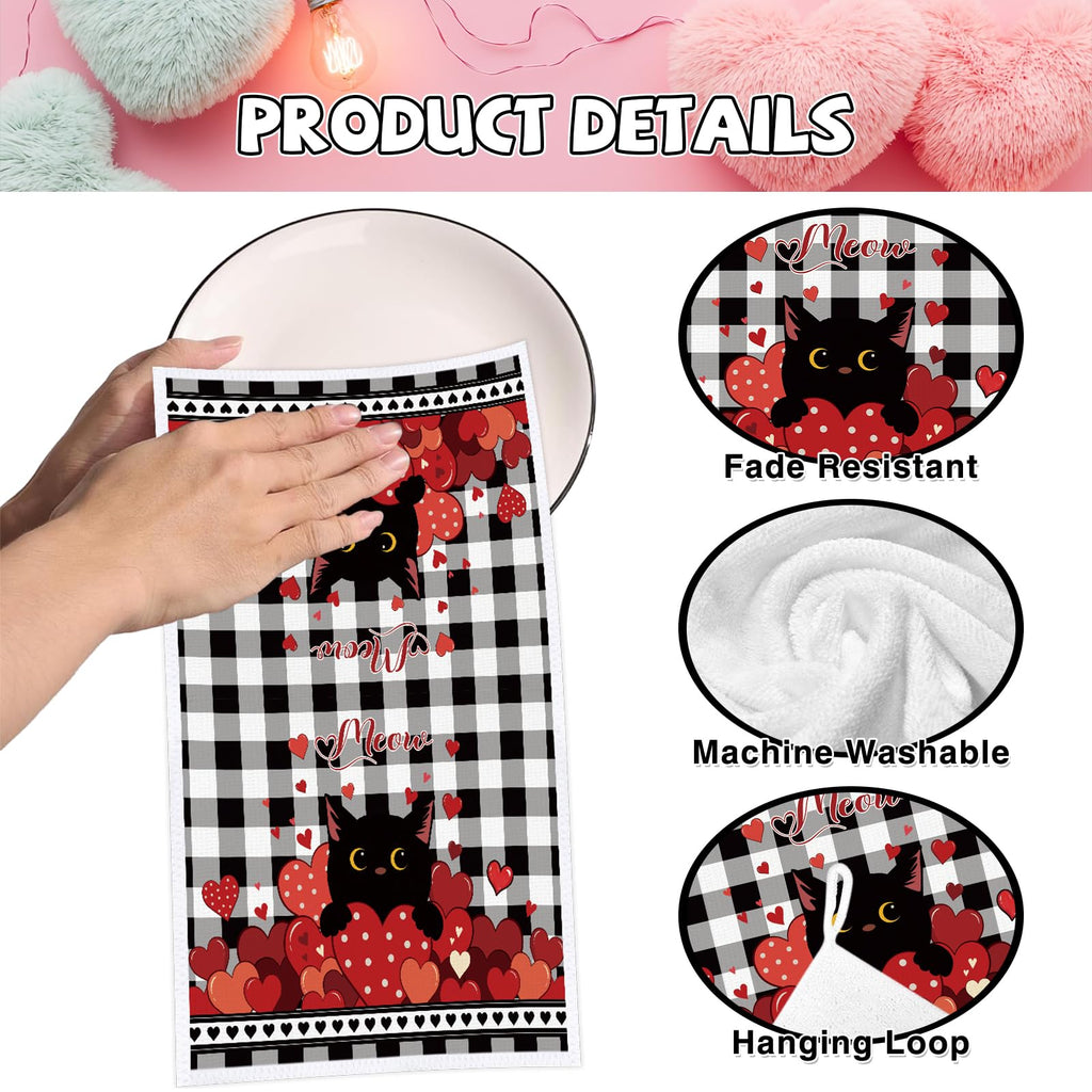 VISSTREE Valentines Day Kitchen Towels, 4 PCS Black Cat Red Heart Dish Towels, Absorbent Hello Love Dish Cloth Hand Towel for Kitchen Anniversary Wedding Valentines Decoration Housewarming Gifts