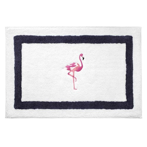 Izod - Bath Mat, Cotton Bath Rug with Navy Border, Non-Skid Latex Backing, Embroidered Bath Decor (Flamingo Collection, 20" x 32")