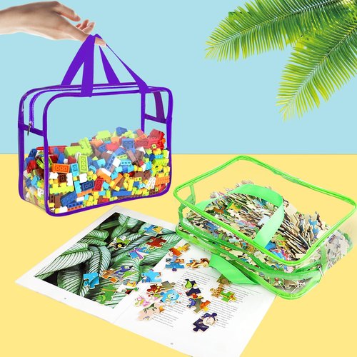 6 Color Large Toy Storage Bags with Labels, Reusable Clear PVC Board Game Storage, Travel Waterproof Organizer Bags with Zipper for Building Blocks, Puzzle, Kids Books