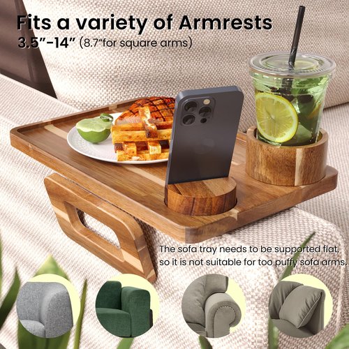 Danfoxer 3 in 1 Acacia Wood Couch Arm Tray,Couch Tray with Cup Holder and Phone Holder,Folding Sofa Armrest Trays Clip-On Sofas Desk for Drinks,Snacks,Phone,Remote Control