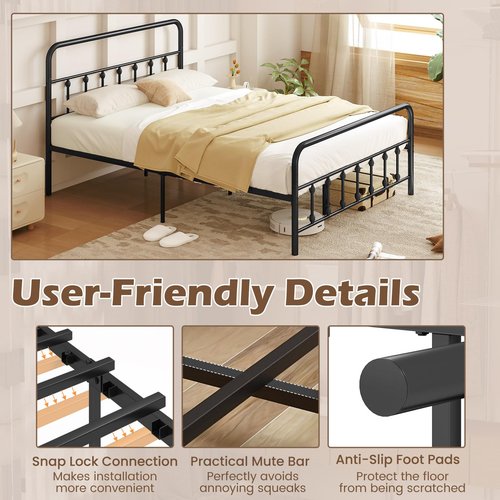 Giantex Metal Platform Bed Frame Queen Size, Victorian Style Queen Platform Bed with Headboard & Footboard, Heavy Duty Mattress Foundation, 1100 lbs Capacity, No Box Spring Needed, Noise-Free, Black