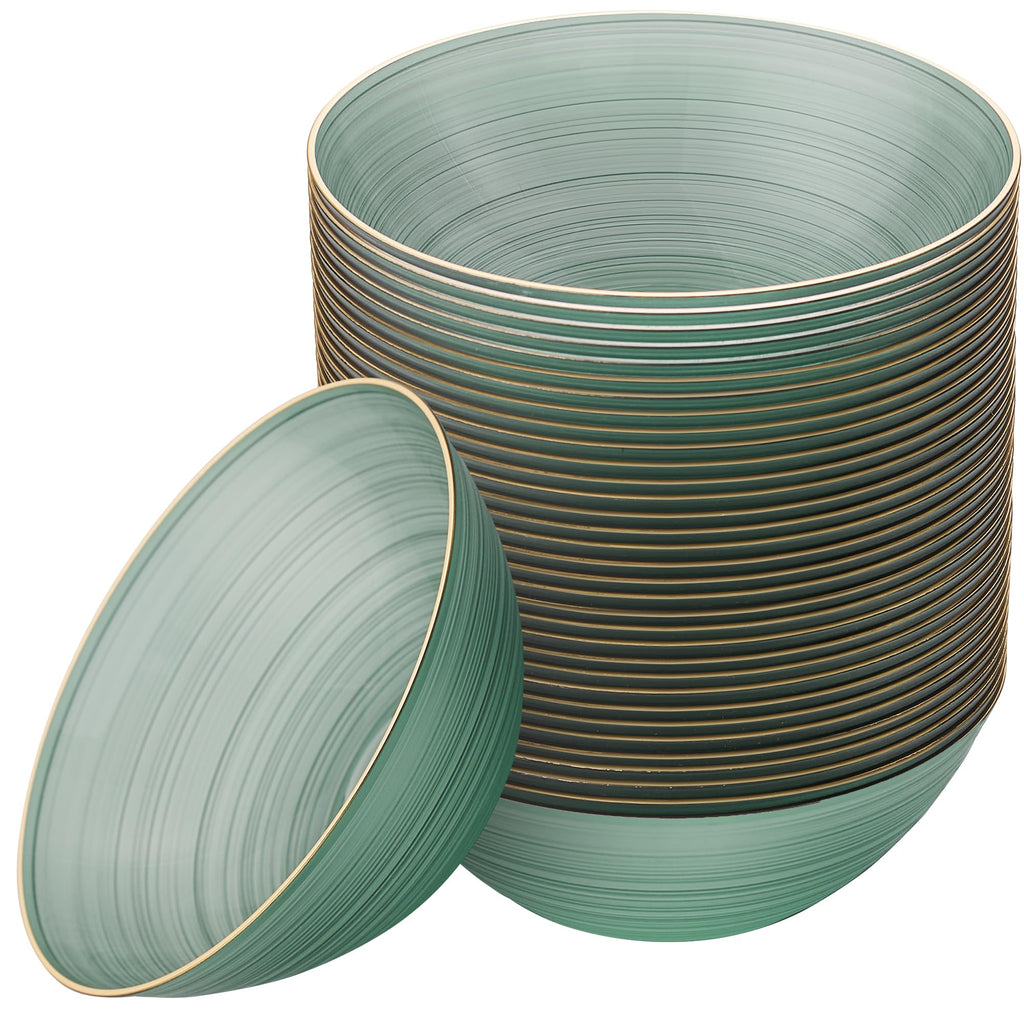 PLASTICPRO 32 Pieces Crystal Design Plastic Bowls 16 ounce Gold Rim Elegant Disposable Plates, Transparent Green
