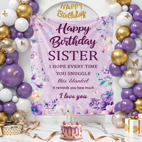 Happy Birthday Sister Blanket, Sister Birthday Gifts, Happy Birthdays Gifts for Sisters, Birthdays Present for Sisters, Soft Flannel Throw Blanket, Purple, 50"X60"