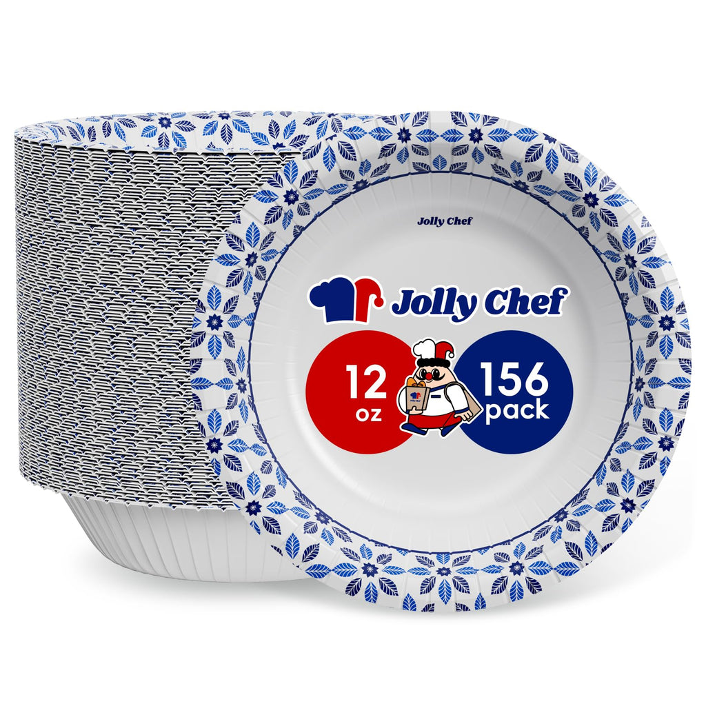 JOLLY CHEF 156 Count Paper Bowls 12 oz Soak Proof, Heavy Duty Printed Disposable Small Bowls Bulk for Dinner or Thanksgiving