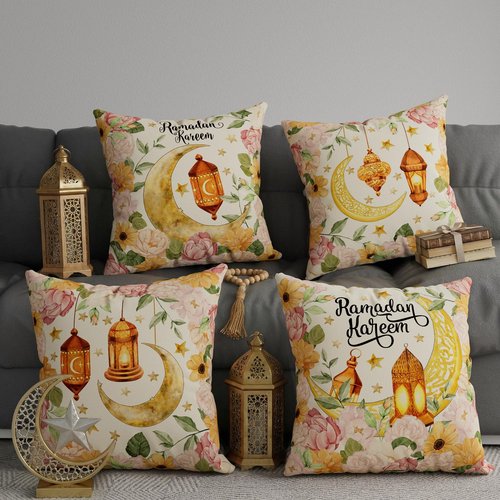 ZAEW Flowers Golden Lantern Moons Stars Ramadan Kareem Pillow Covers Throw Pillow Cases Set of 4 Decorations for Home Sofa Cushion Cover Party Holiday Decor 18x18 Inch
