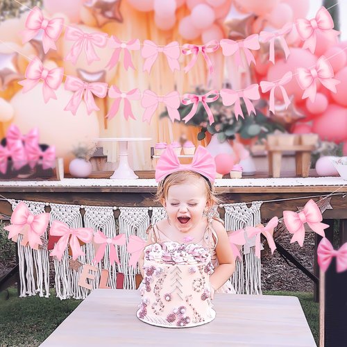 4Pcs Pink Bow Garland Banner, Pink Bow Banner Bow Party Decortions for Women Girls Bow Birthday Decorations Baby Shower Decor, Bridal Shower Wedding, Bows Party Decor