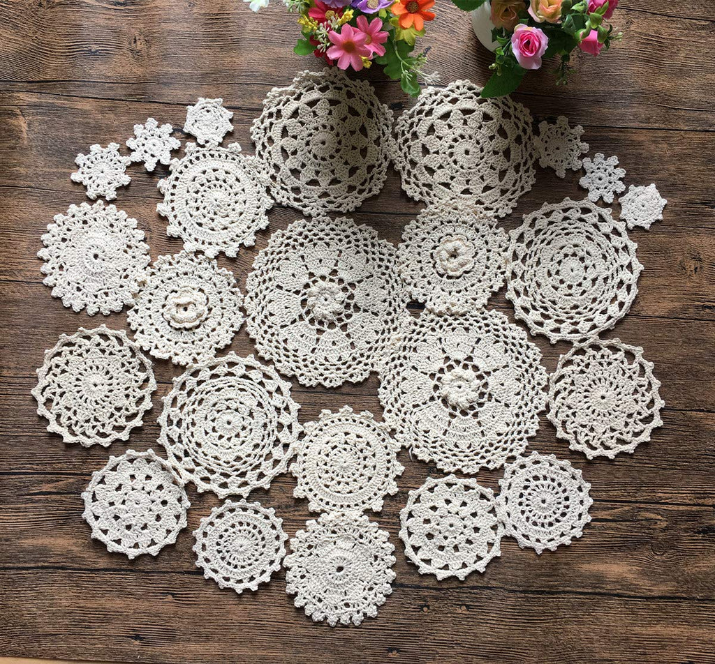 MINDPLUS Set of 24 Hand Crochet Doilies Lace 2-7 Inch Round Cotton Beige Vintage (24pcs Beige)