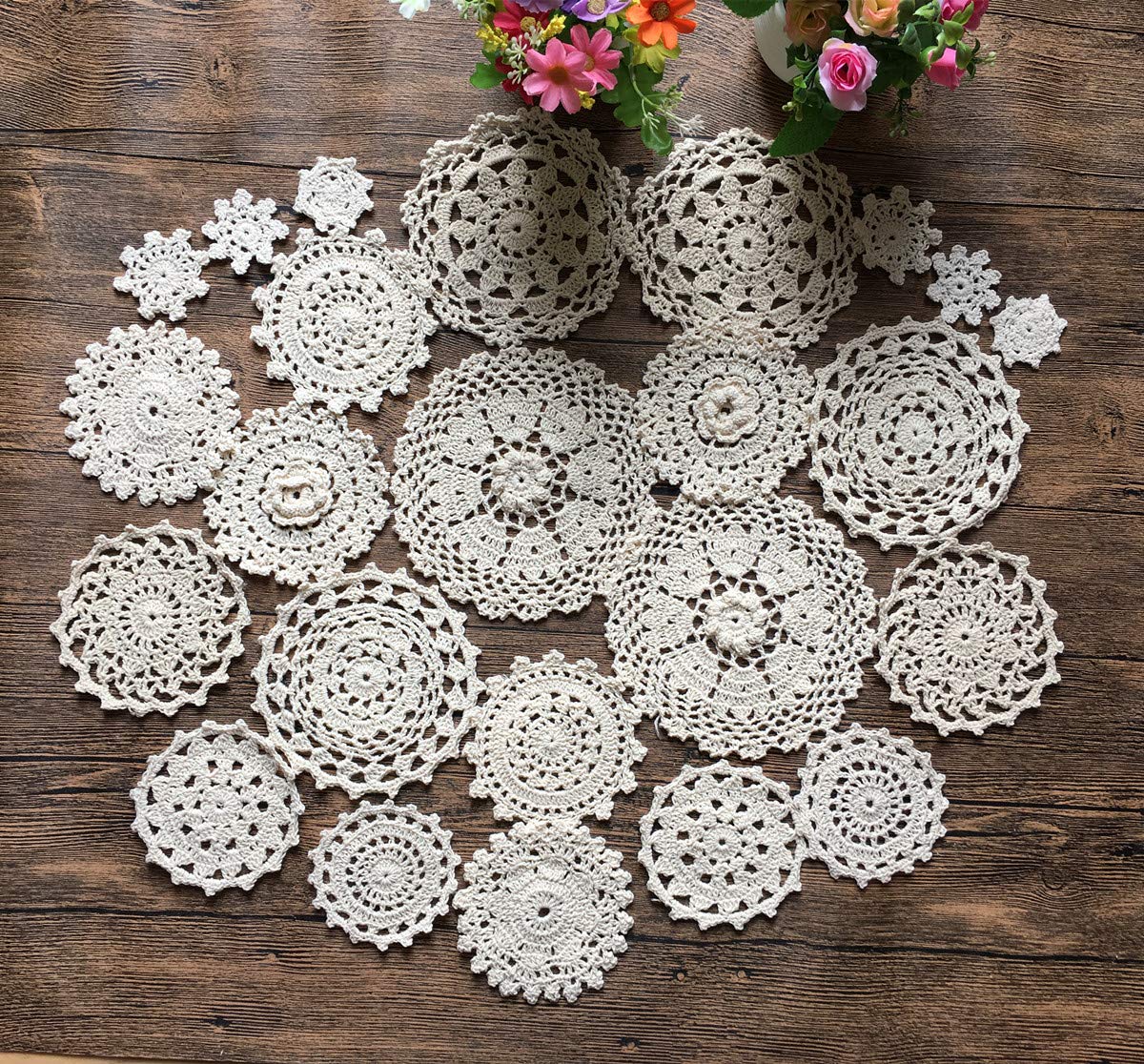 MINDPLUS Set of 24 Hand Crochet Doilies Lace 2-7 Inch Round Cotton Beige Vintage (24pcs Beige)