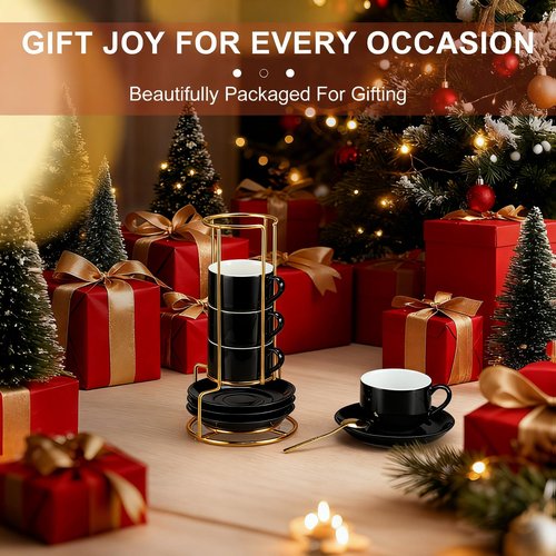 RENEWREVITAL 3 Ounce Espresso Cups Set of 4, Stackable Demitasse Mugs, Includes Display Stand, Cups Saucers, and Spoons, for Machines & Home Use, Black, Gold Tone