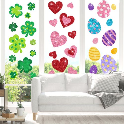 Whaline 9 Sheets Glitter Valentine' s Day St. Patrick' s Day Easter Window Clings Window Decal Heart Shamrock Egg Reusable Anti-Collision Windows Decor for Holiday Party Supplies