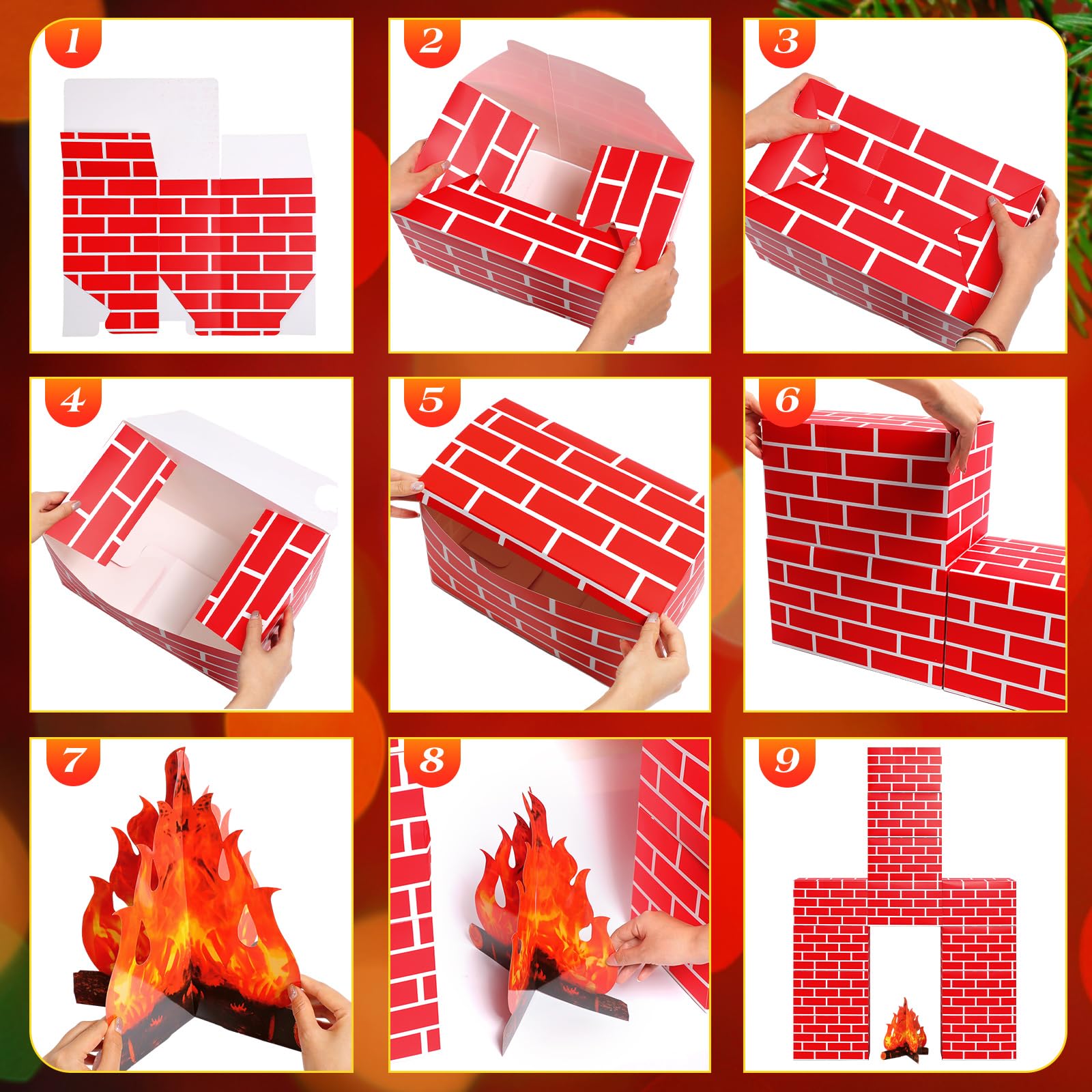 Fullhawl 13 Pcs 3D Winter Cardboard Fireplace 39 x 59 Inch DIY Winter Artificial Fireplace with 3D Fire Flame Prop Fake Fire Place Backdrop for Xmas Party Background Decoration(Red Brick)