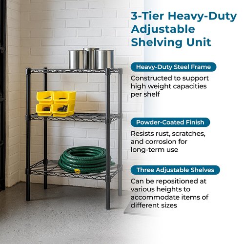Honey-Can-Do 3-Tier Heavy Duty Adjustable Shelves, Metal Storage Rack With 250-lb Shelf Capacity, Black, 14" W x 24" L x 30" H