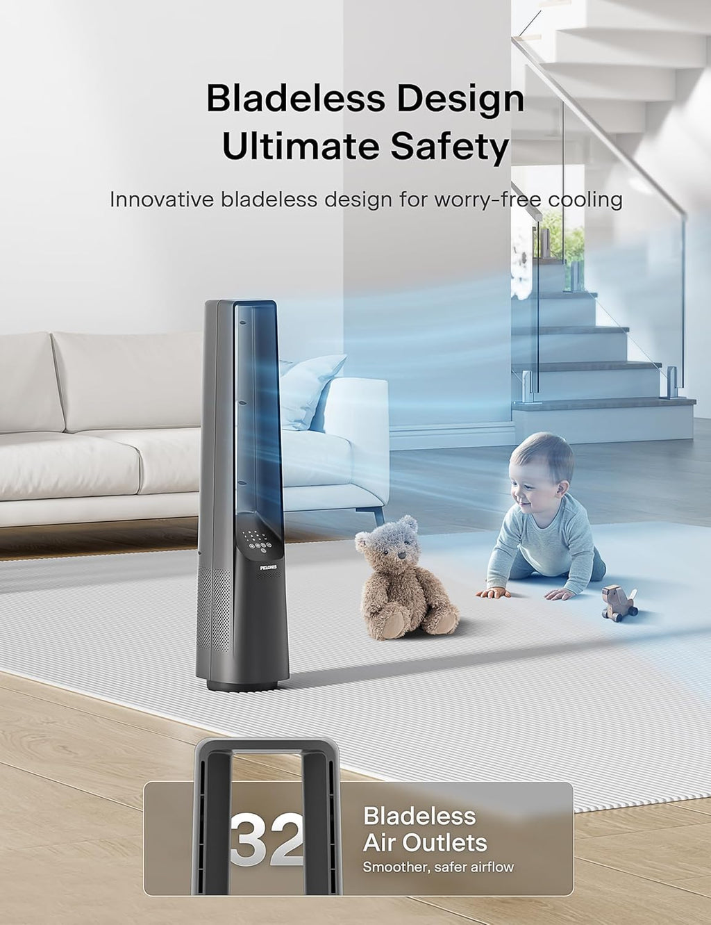 Pelonis Bladeless Tower Fan - Ultra-Quiet 22 dB Motor, 6 Speeds, Remote Control, 90° Oscillation, Safe for Home & Office