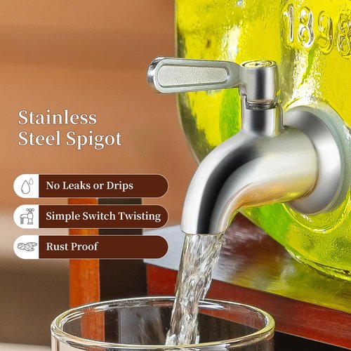 Drink Dispenser with Acacia Wood Stand and Lid,2 Gallon Glass Beverage Dispenser with Stainless Steel Spigot for Parties,Picnics,Barbecues,Lemonade,Sun tea Jar,ice coffee,Laundry Detergent Dispenser