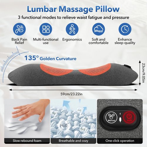KITCADA 3 in 1 Rechargeable Back Massager with Heat, Height Adjustable for Bed and Chair, Electric Lumbar Support Pillow Back Massager, Relieves Deep Tissue Pain, Lumbar Wedge Cushion