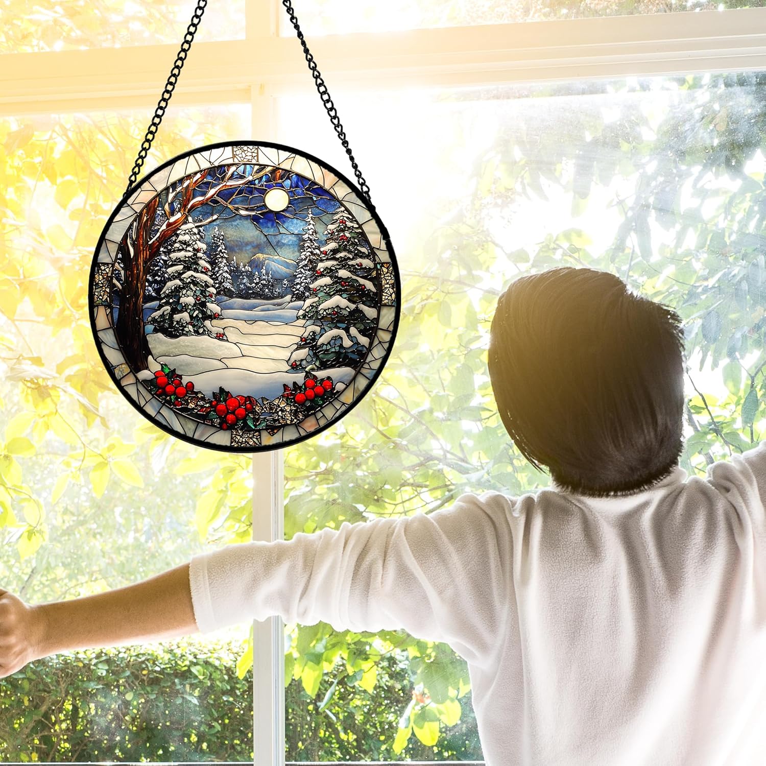 DASTOLL Stained Glass Window Hanging - Winter Snow Night Scenery Suncatcher | 7.8" Home Decor Gift