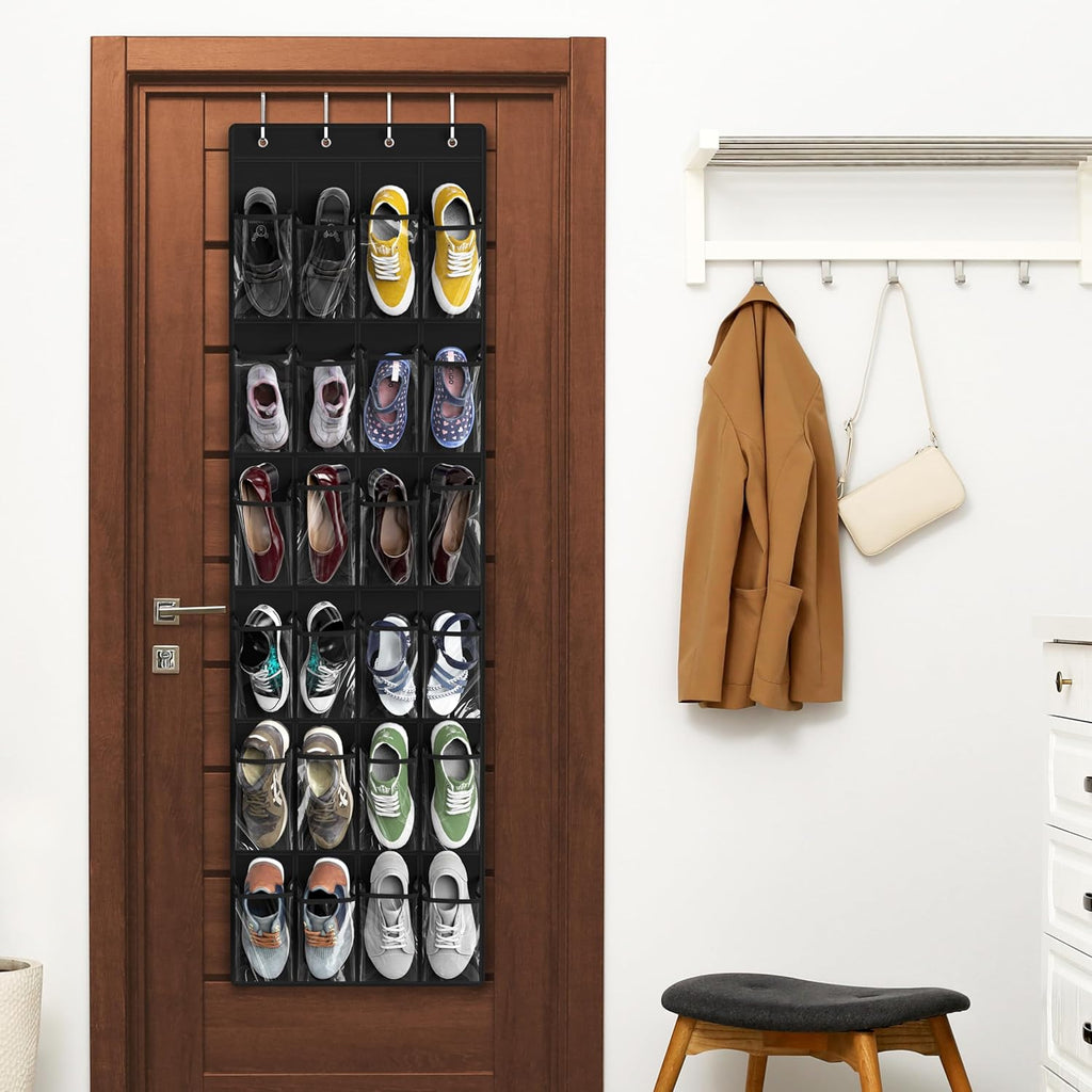 Simple Houseware 24-Pocket Over The Door Shoe Organizer - Crystal Clear, Black (64'' x 19'')