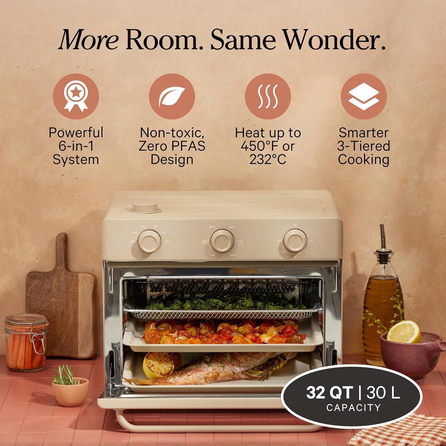 Our Place Large Wonder Oven - 6-in-1 Stainless Steel Air Fryer Toaster Oven Combo | 32 QT Capacity, Includes Basket, Rack & Tray