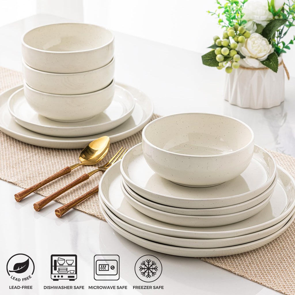 GBHOME 12-Piece Stoneware Dinnerware Set for 4 – Ribbed Ceramic Plates and Bowls, Scratch-Resistant, Microwave & Dishwasher Safe, Reactive Glaze