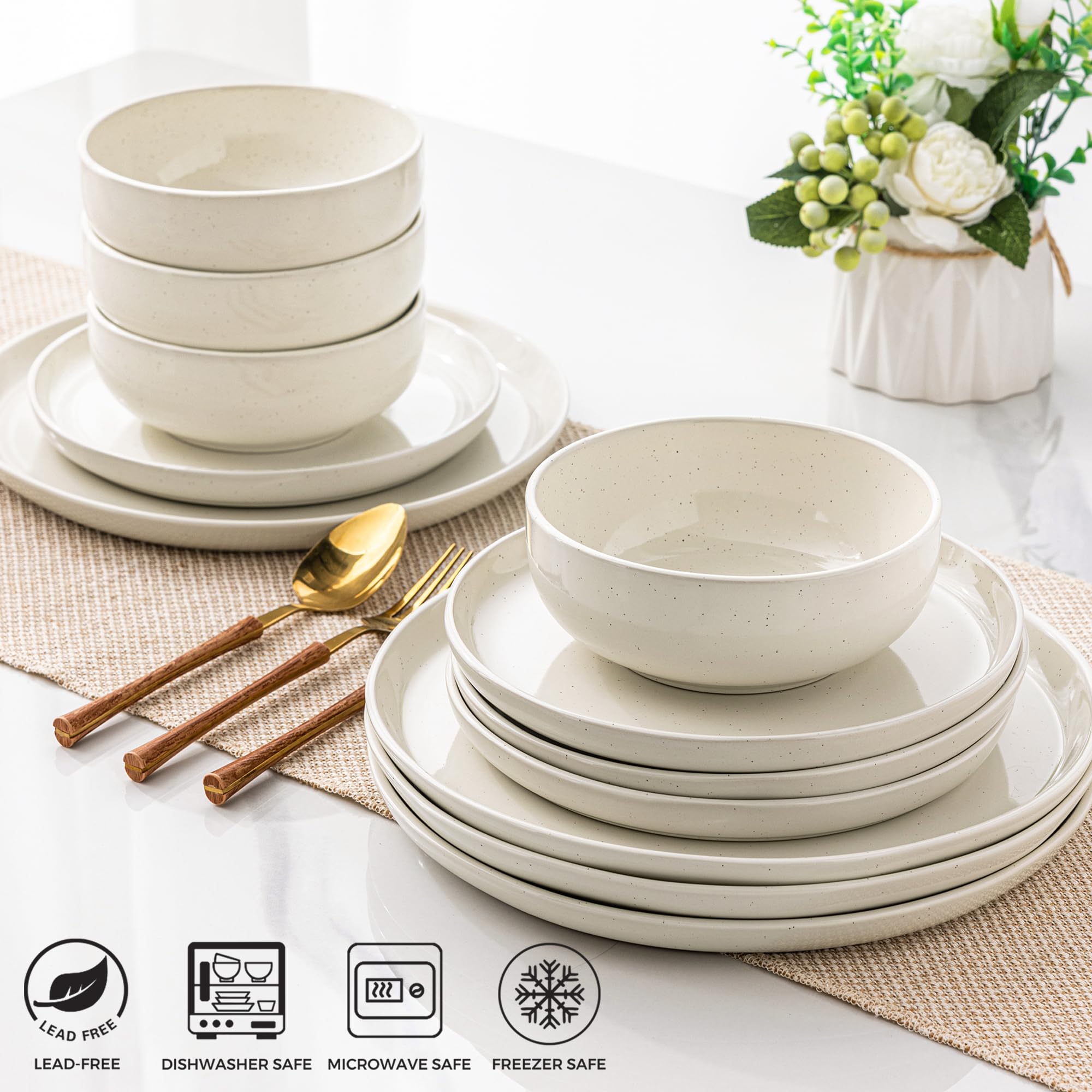 GBHOME 12-Piece Stoneware Dinnerware Set for 4 – Ribbed Ceramic Plates and Bowls, Scratch-Resistant, Microwave & Dishwasher Safe, Reactive Glaze