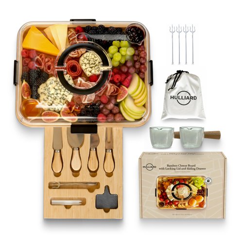 HULLIARD Charcuterie Board Set with Handless Lid – Bamboo Cheese Board with Sliding Drawer, 4 Stainless Steel Cheese Knives, 4 Forks, 2 Glass Bowls, Gift Bag – Perfect for Gift