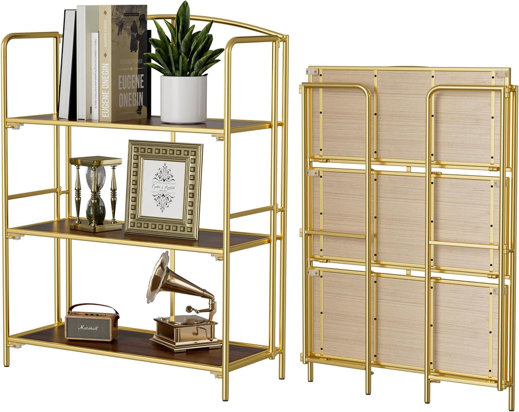 Crofy Folding Bookshelf - No Assembly Required, 3-Tier Gold Bookcase for Living Room & Home Office