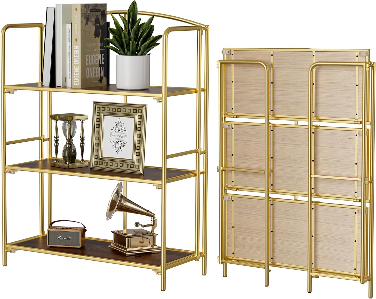 Crofy Folding Bookshelf - No Assembly Required, 3-Tier Gold Bookcase for Living Room & Home Office