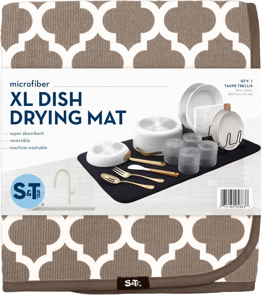 S&T INC. XL Dish Drying Mat - Absorbent Microfiber Kitchen Counter Pad, 18” x 24”, Taupe Trellis