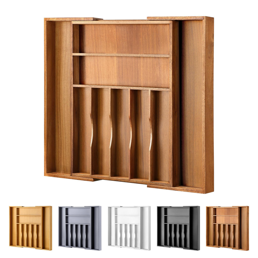 oridom Large Premium Acacia Silverware Organizer - Expandable Drawer Organizer & Utensil Organizer - 17"x19.7" Cutlery Tray with Dividers for Kitchen Utensils and Flatware (7-9 Slots) Acacia