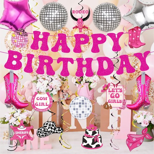 34pcs Disco Cowgirl Birthday Party Decorations, Western Cowgirl Party Decorations Hot Pink Happy Birthday Banner Disco Cowgirl Balloon Last Rodeo Bachelorette Party Decor Supplies for Women Girls