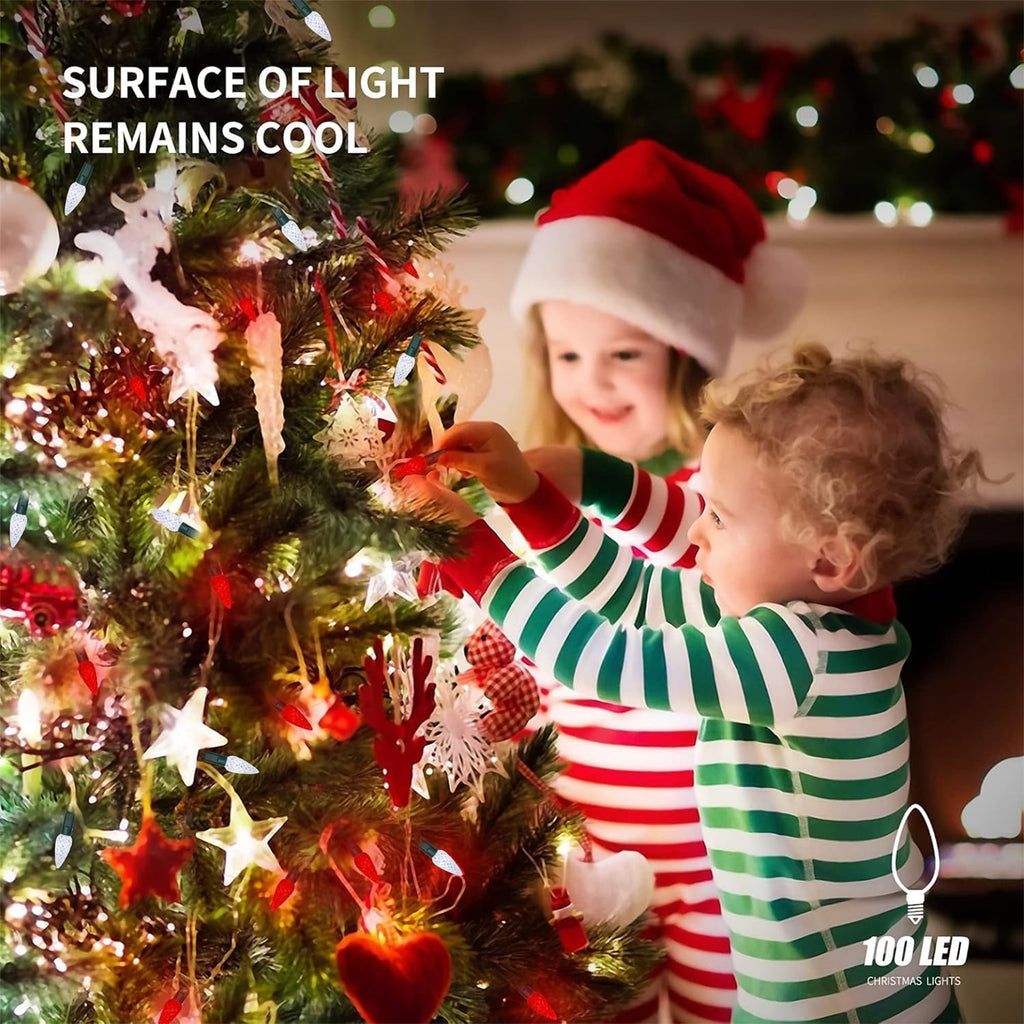 Waterglide C6 Fairy Lights - 100 LED 33ft Waterproof String Lights with 8 Modes | Green Wire, White & Red