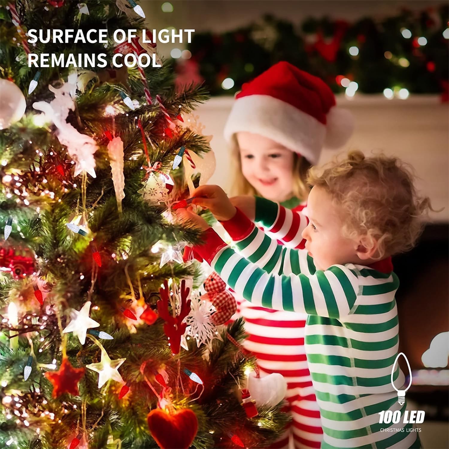 Waterglide C6 Fairy Lights - 100 LED 33ft Waterproof String Lights with 8 Modes | Green Wire, White & Red