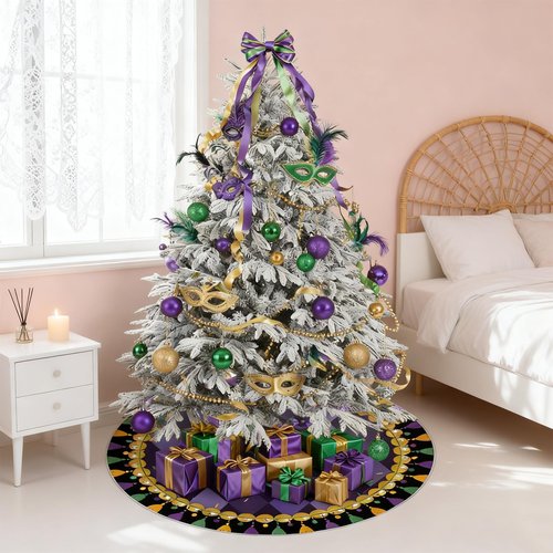 Sozize 36 Inch Easter Tree Skirt Mardi Gras Tree Skirt Double Sided Mat with Masquerade Mask Feather Easter Bunny Eggs Pattern Christmas Tree Skirt for Holiday Decoration