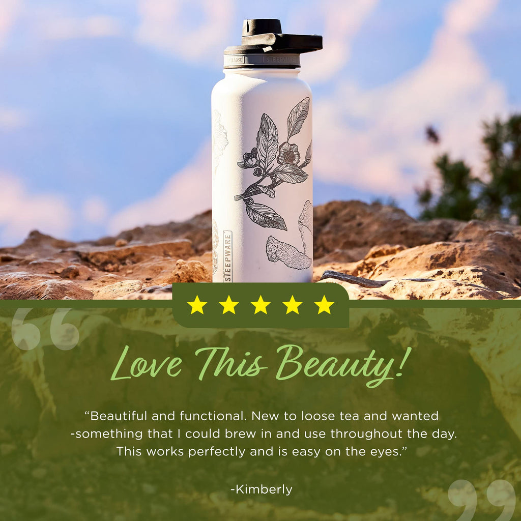 The Tea Spot Himalayan Tea Tumbler - Travel Bottle with Tea Infuser for Loose Leaf Tea or Iced Coffee - 32oz, White-Etched - Double-Walled Insulated Bottle - Keeps Drinks Hot & Cold for Hours
