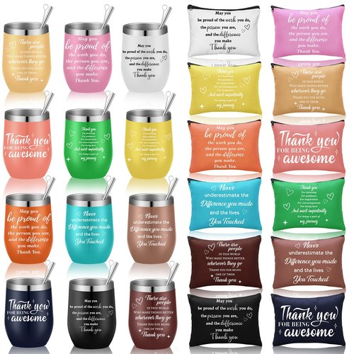 Nitial 24 Set Thank You Gift Valentine's Day Employee Appreciation Gifts 12 Pcs 12oz Bulk Stainless Steel Travel Coffee Cups and 12 Pcs Inspirational Makeup Bags for Women Teacher Coworker Nurse