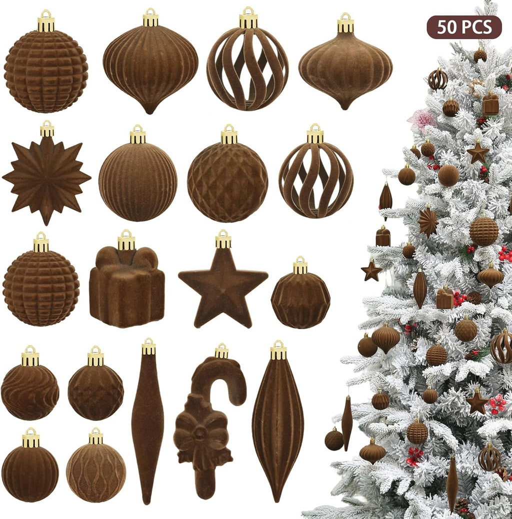 Regine Switzerland 50 Pcs Brown Velvet Christmas Balls - Flocked Hanging Ornaments for Holiday Decor