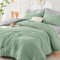 HYMOKEGE Queen Comforter Set - Luxury 7-Piece Bedding in Sage Green & Light Grey | All-Season Seersucker Design