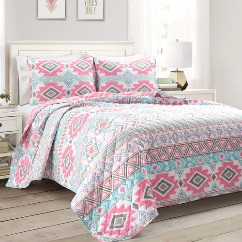 Lush Decor Navajo Stripe Malibu Reversible Quilt Twin Size 2 Piece Set Pink & Turquoise - Toddler Bedding Set Twin Quilt - Pink Kids Bedroom Decor