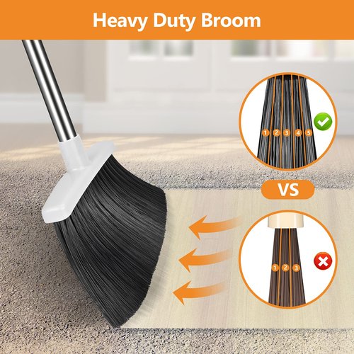 Folews Broom and Dustpan Set, Heavy Duty Dust Pan with Long Handle 51 Inch Broom with Dustpan Combo Set Upright Self-Cleaning Dust Pan Home Kitchen Lobby Indoor Outdoor Sweeping Cleaning Tool - Gray