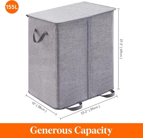 Lifewit Double Laundry Hamper - Large 155L Collapsible Basket with Lid & Removable Bags - Grey